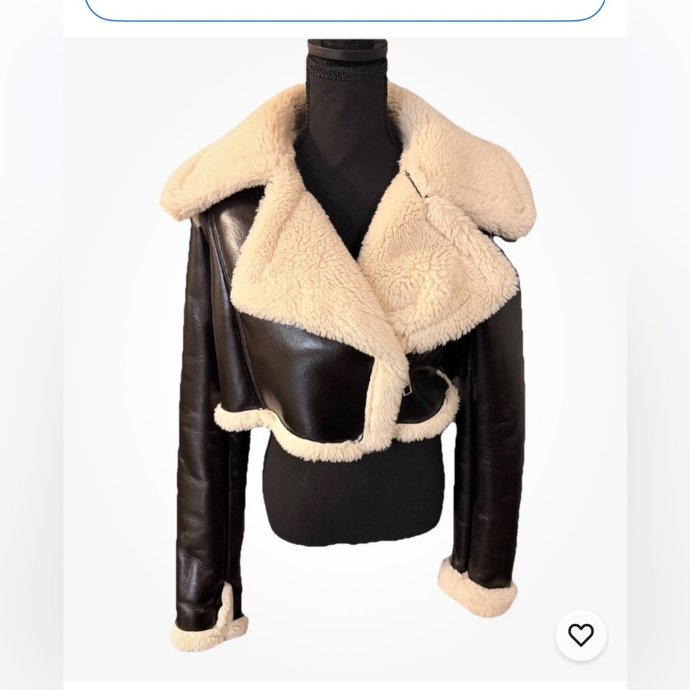 Zara Black Leather-Look Teddy Jacket with Cream Shearling Trim